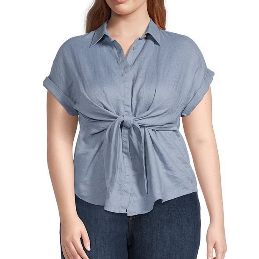 Lauren Ralph Lauren Short Sleeve Self Tie Waist Button Front Linen Shirt.
